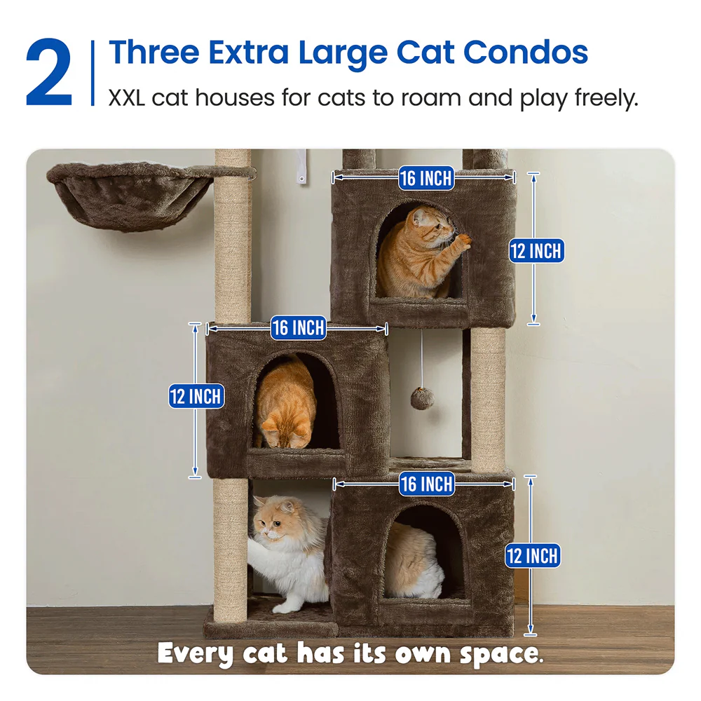 Furrlovers Multilevel Fur Fabric Cat Tree with Condos, Hanging Ball & Jute Rope Scratching Posts (Brown) - Image 2