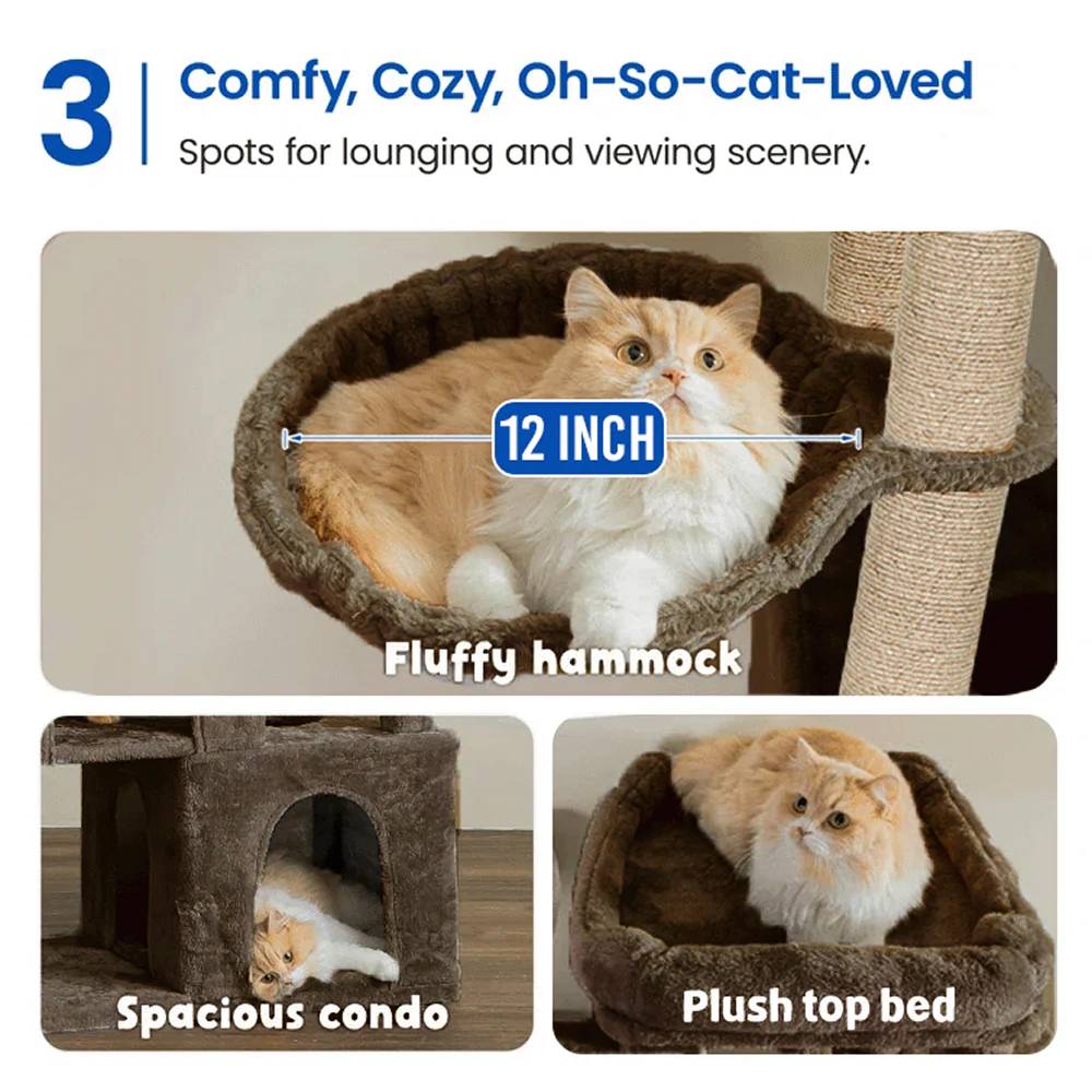 Furrlovers Multilevel Fur Fabric Cat Tree with Condos, Hanging Ball & Jute Rope Scratching Posts (Brown) - Image 3