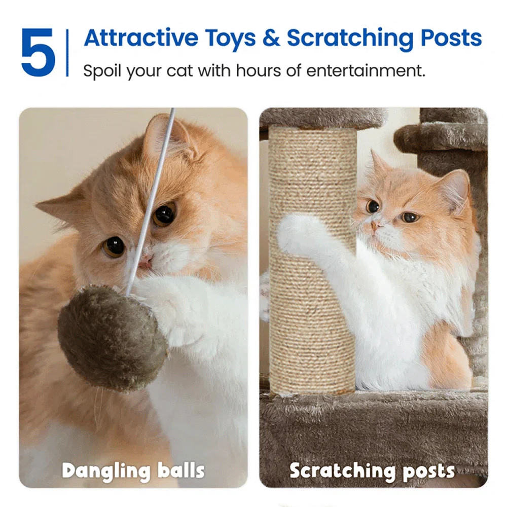 Furrlovers Multilevel Fur Fabric Cat Tree with Condos, Hanging Ball & Jute Rope Scratching Posts (Brown) - Image 4