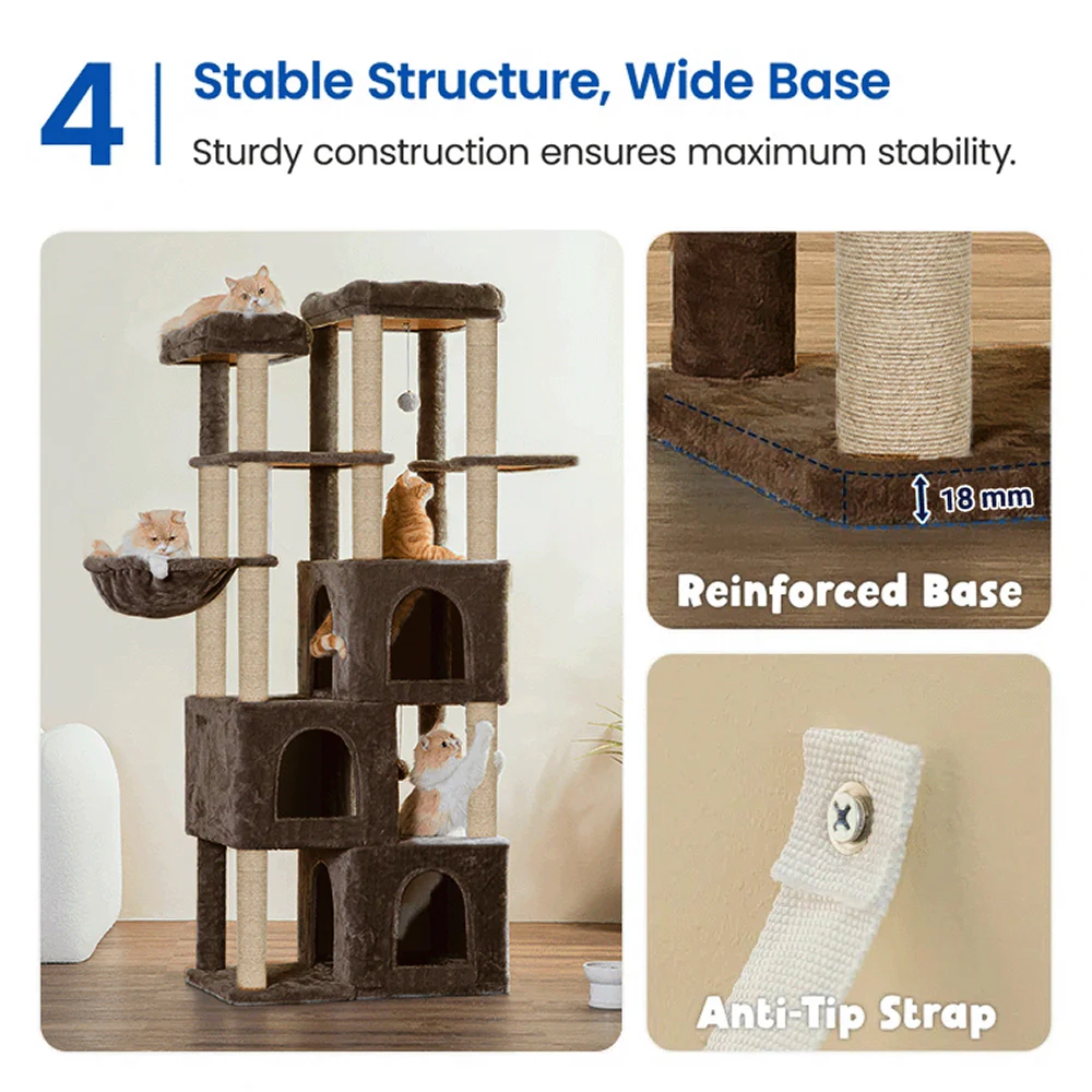 Furrlovers Multilevel Fur Fabric Cat Tree with Condos, Hanging Ball & Jute Rope Scratching Posts (Brown) - Image 5