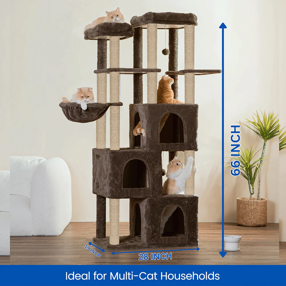 Furrlovers Multilevel Fur Fabric Cat Tree with Condos, Hanging Ball & Jute Rope Scratching Posts (Brown) - Image 6