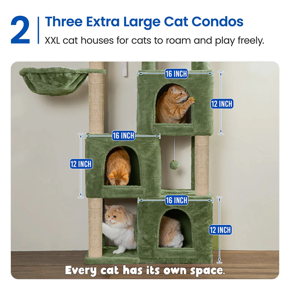 Furrlovers Multilevel Fur Fabric Cat Tree with Condos, Hanging Ball & Jute Rope Scratching Posts (Green) - Image 2