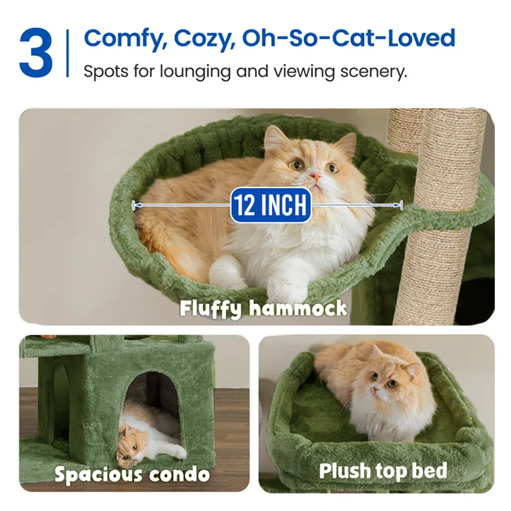 Furrlovers Multilevel Fur Fabric Cat Tree with Condos, Hanging Ball & Jute Rope Scratching Posts (Green) - Image 3