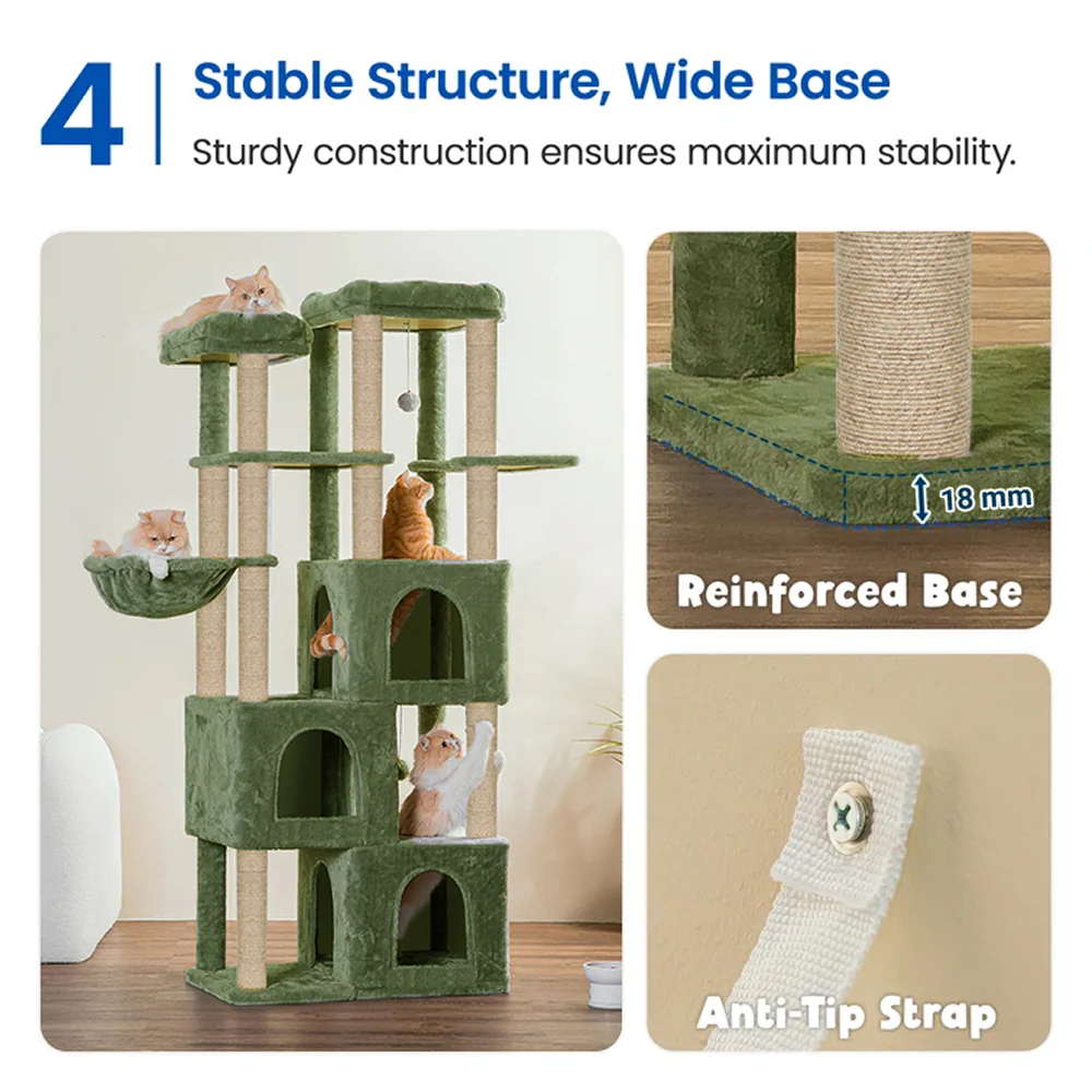 Furrlovers Multilevel Fur Fabric Cat Tree with Condos, Hanging Ball & Jute Rope Scratching Posts (Green) - Image 4