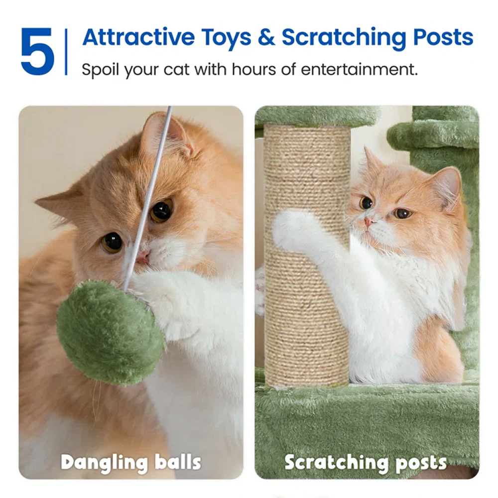 Furrlovers Multilevel Fur Fabric Cat Tree with Condos, Hanging Ball & Jute Rope Scratching Posts (Green) - Image 5