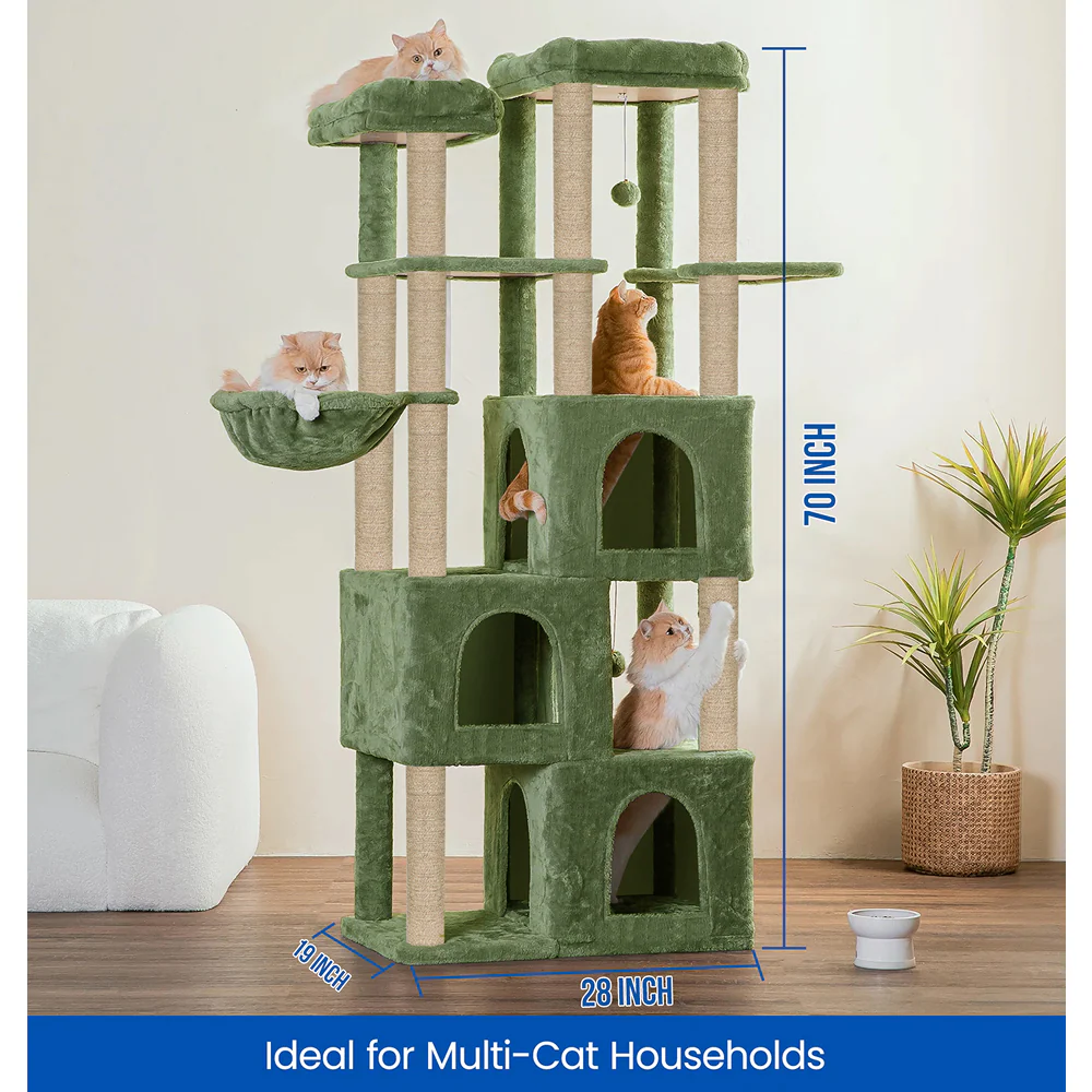 Furrlovers Multilevel Fur Fabric Cat Tree with Condos, Hanging Ball & Jute Rope Scratching Posts (Green) - Image 6