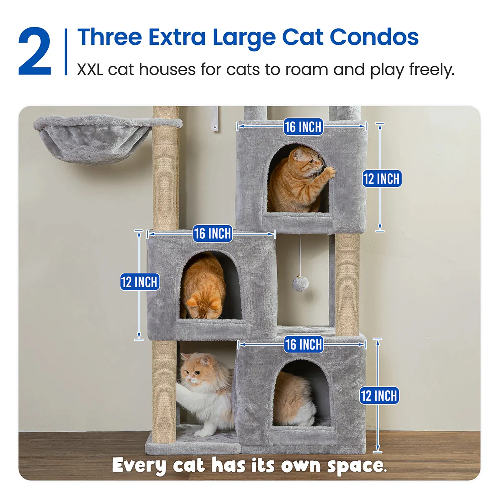 Furrlovers Multilevel Fur Fabric Cat Tree with Condos, Hanging Ball & Jute Rope Scratching Posts (Grey) - Image 2