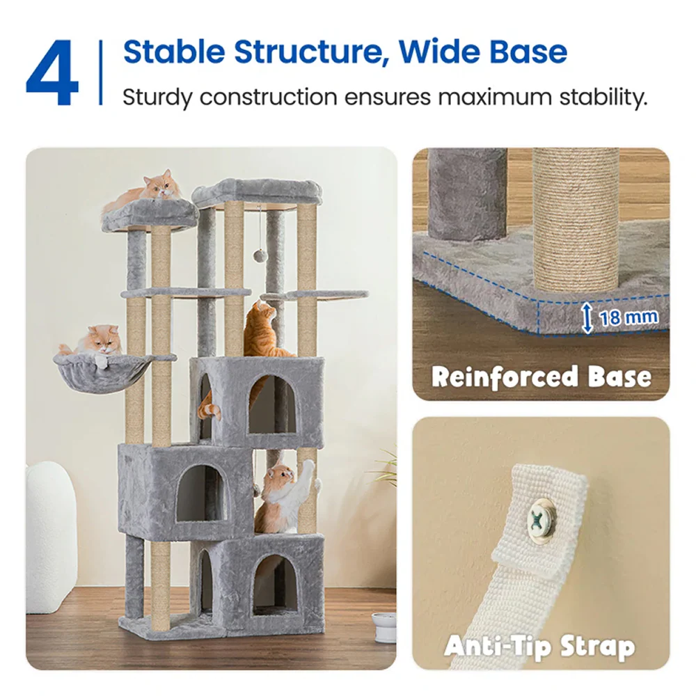 Furrlovers Multilevel Fur Fabric Cat Tree with Condos, Hanging Ball & Jute Rope Scratching Posts (Grey) - Image 3