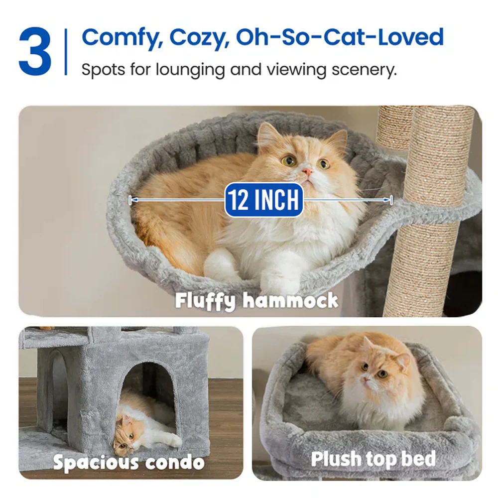 Furrlovers Multilevel Fur Fabric Cat Tree with Condos, Hanging Ball & Jute Rope Scratching Posts (Grey) - Image 4
