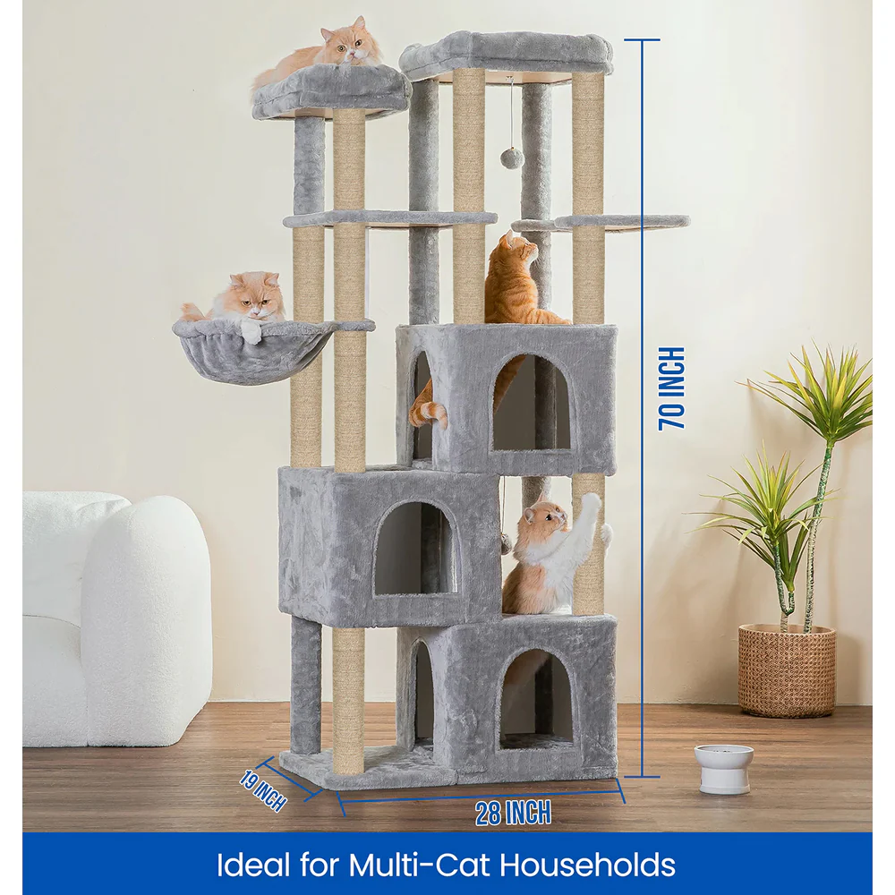 Furrlovers Multilevel Fur Fabric Cat Tree with Condos, Hanging Ball & Jute Rope Scratching Posts (Grey) - Image 5