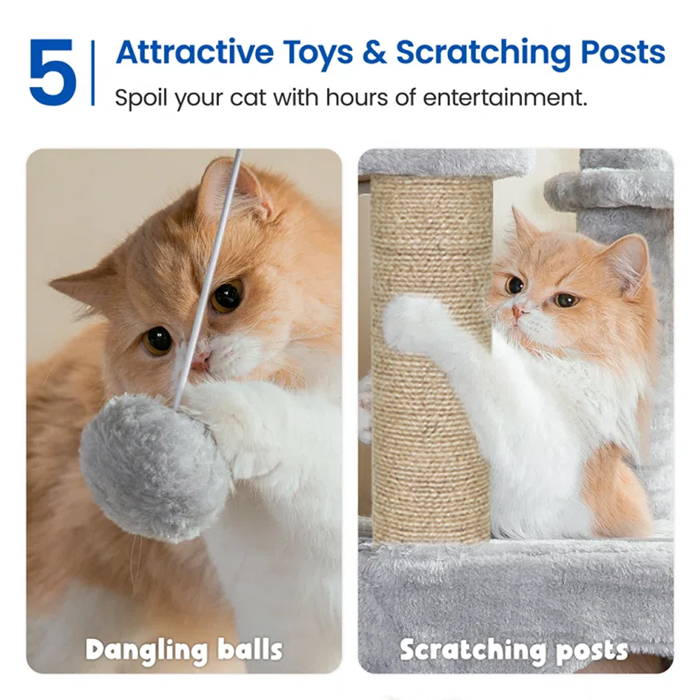 Furrlovers Multilevel Fur Fabric Cat Tree with Condos, Hanging Ball & Jute Rope Scratching Posts (Grey) - Image 6