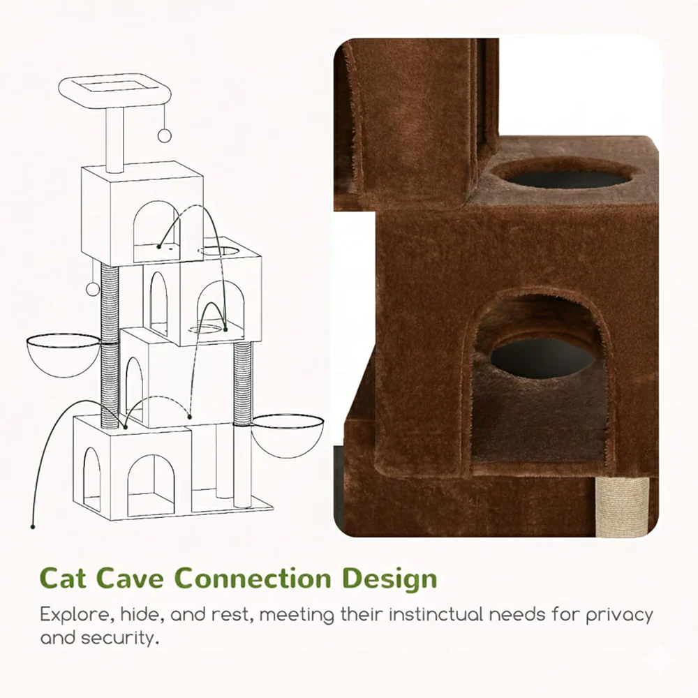 Furrlovers Multilevel Plush Cat Tree with Condo, Hammock & Jute Rope Scratching Posts (Brown) - Image 2