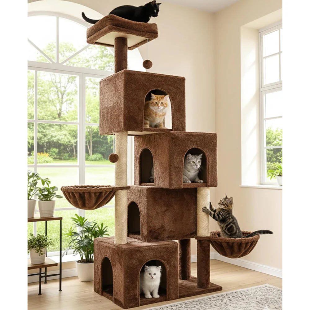 Furrlovers Multilevel Plush Cat Tree with Condo, Hammock & Jute Rope Scratching Posts (Brown) - Image 3