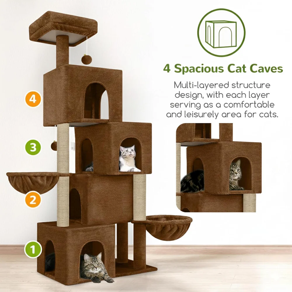 Furrlovers Multilevel Plush Cat Tree with Condo, Hammock & Jute Rope Scratching Posts (Brown) - Image 4