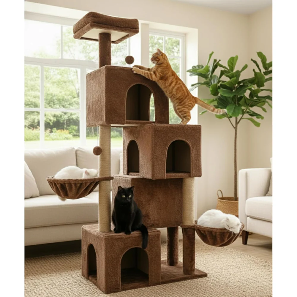 Furrlovers Multilevel Plush Cat Tree with Condo, Hammock & Jute Rope Scratching Posts (Brown) - Image 5