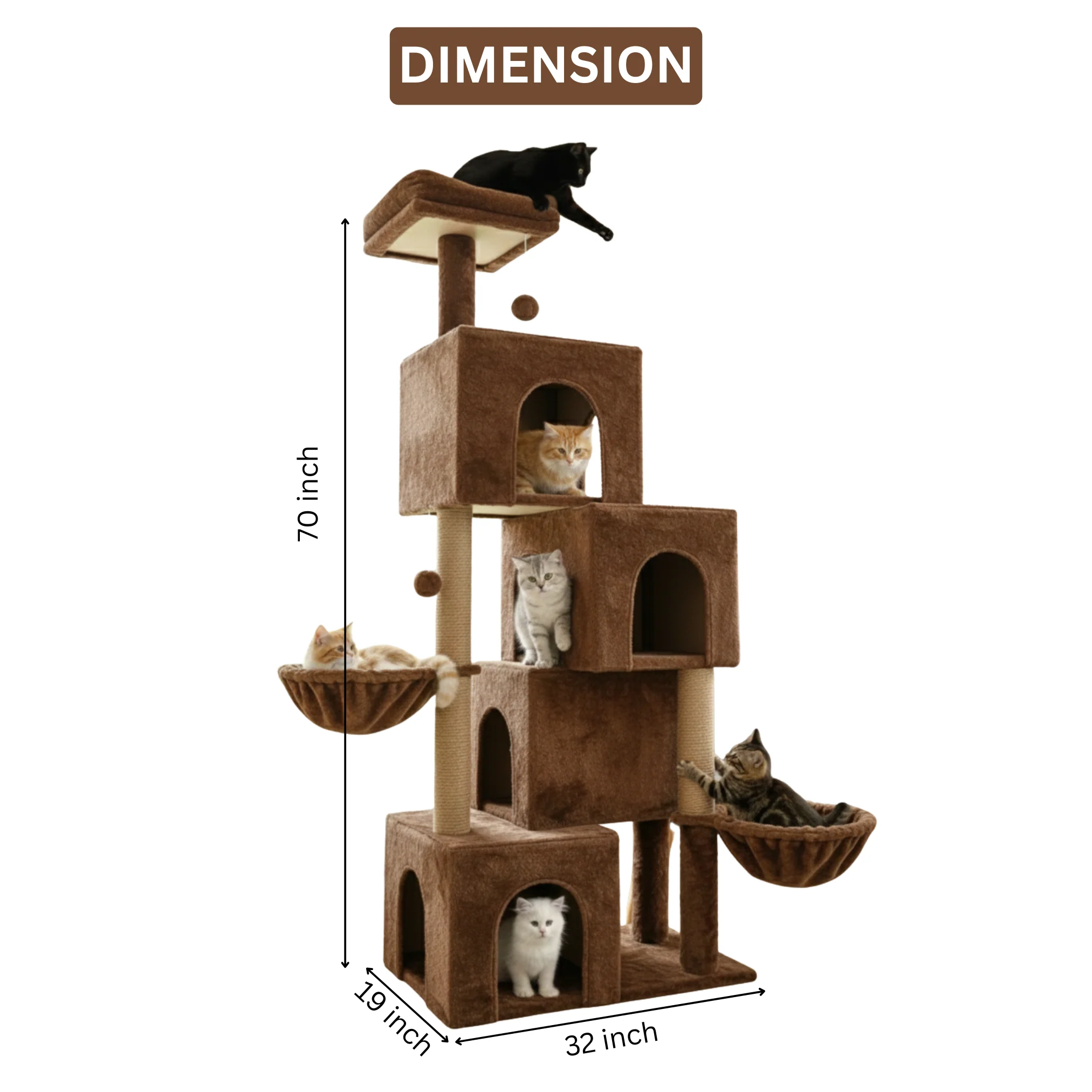 Furrlovers Multilevel Plush Cat Tree with Condo, Hammock & Jute Rope Scratching Posts (Brown) - Image 7