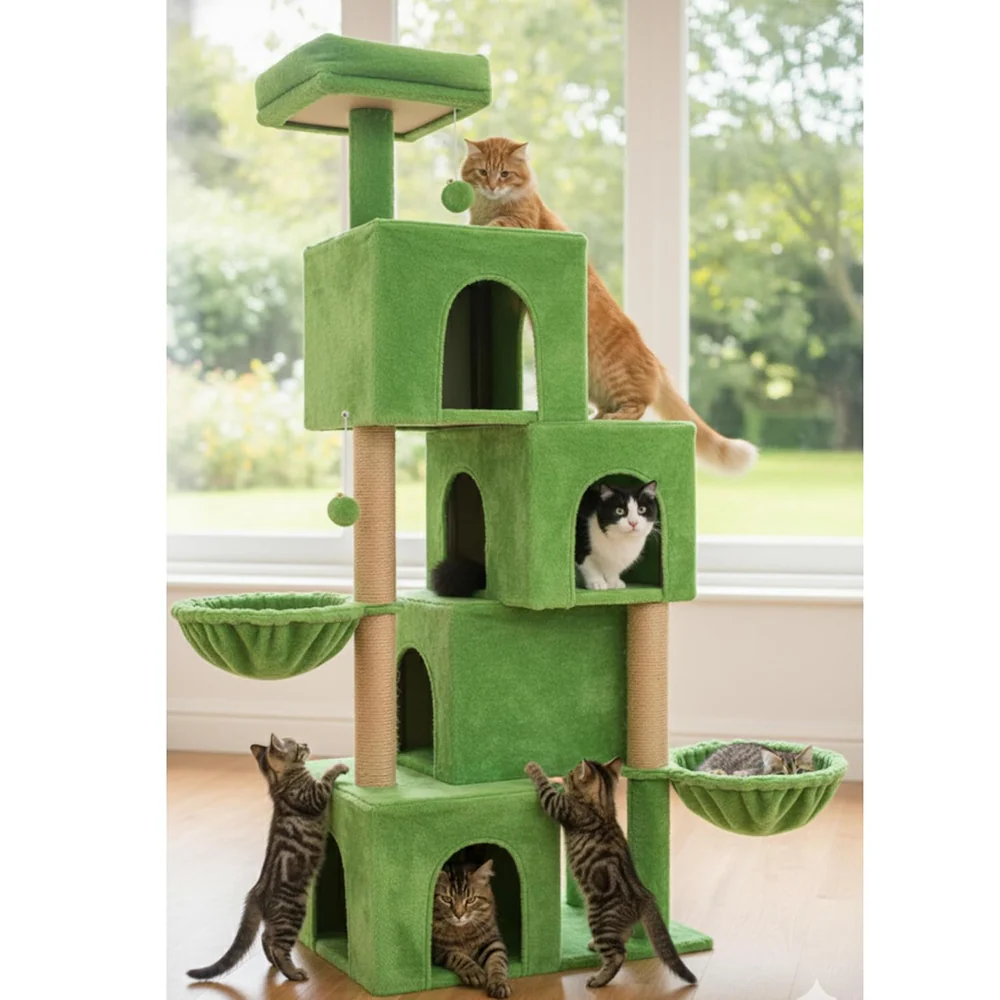 Furrlovers Multilevel Plush Cat Tree with Condo, Hammock & Jute Rope Scratching Posts (Green) - Image 2