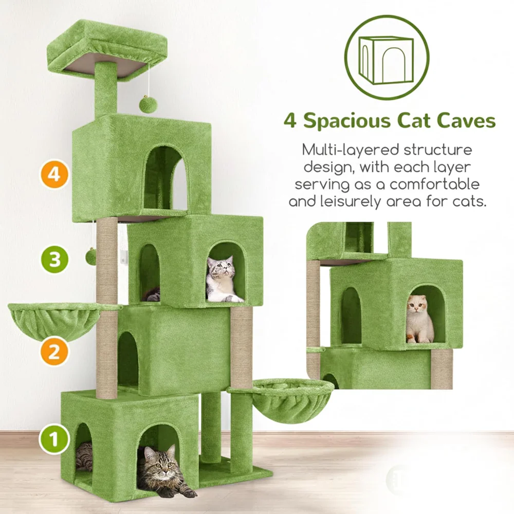 Furrlovers Multilevel Plush Cat Tree with Condo, Hammock & Jute Rope Scratching Posts (Green) - Image 3