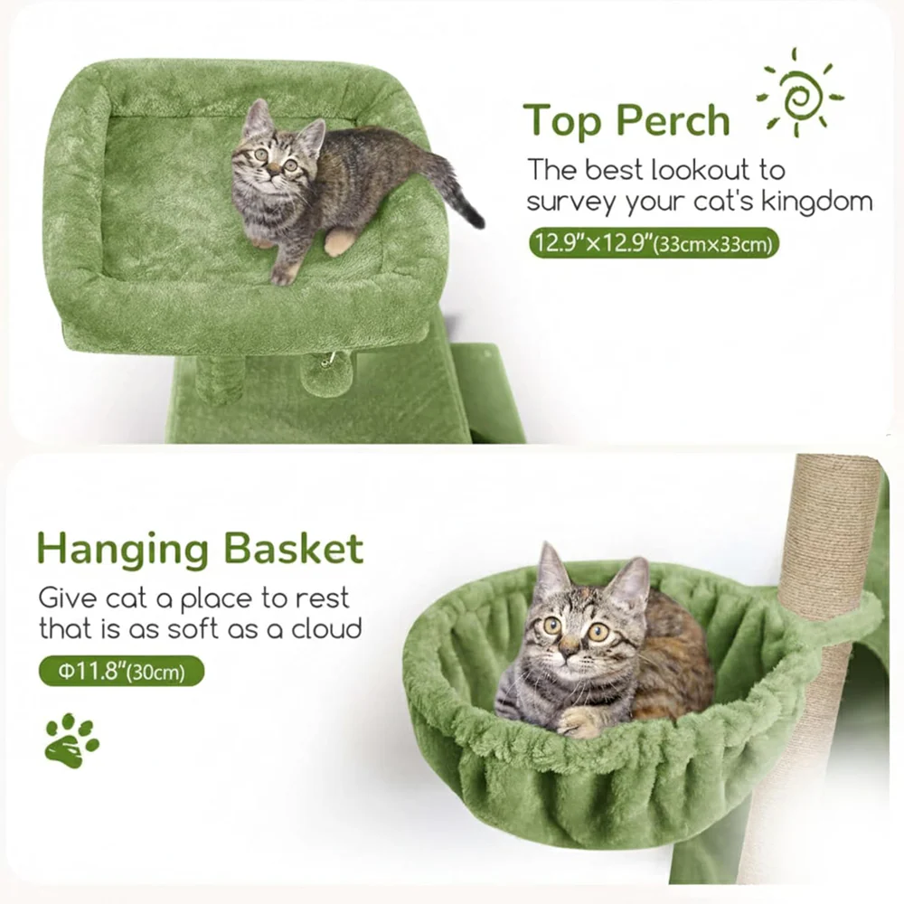 Furrlovers Multilevel Plush Cat Tree with Condo, Hammock & Jute Rope Scratching Posts (Green) - Image 4