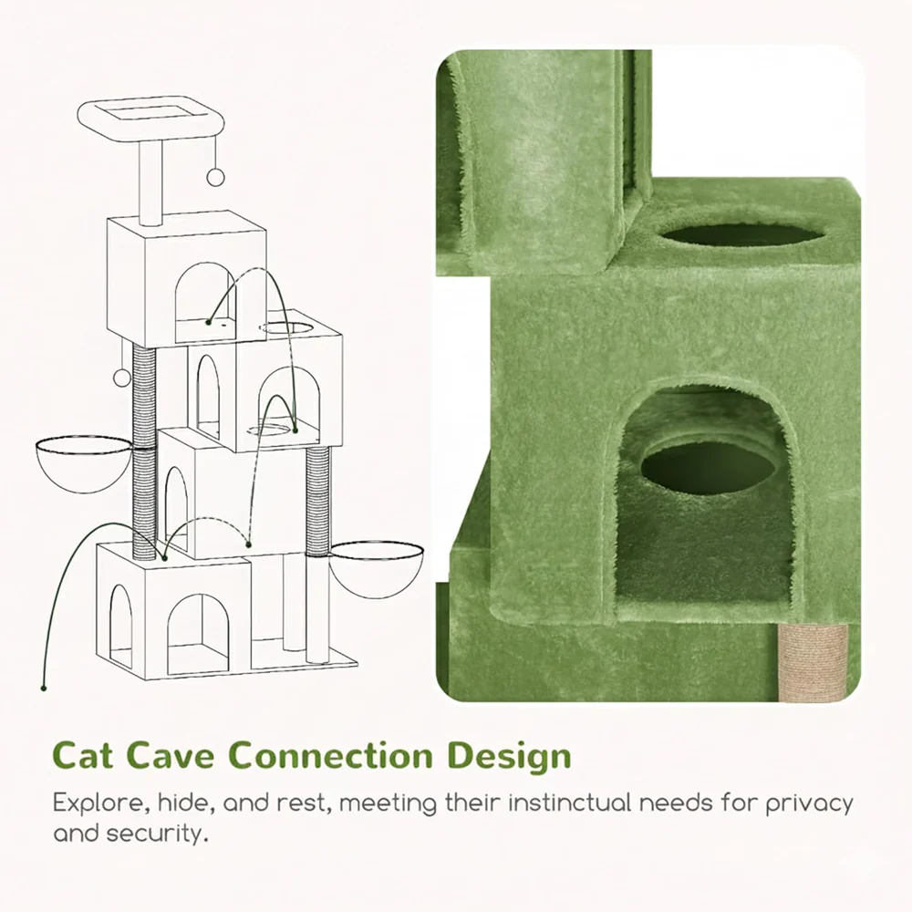 Furrlovers Multilevel Plush Cat Tree with Condo, Hammock & Jute Rope Scratching Posts (Green) - Image 5