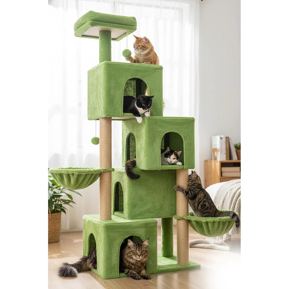 Furrlovers Multilevel Plush Cat Tree with Condo, Hammock & Jute Rope Scratching Posts (Green) - Image 6