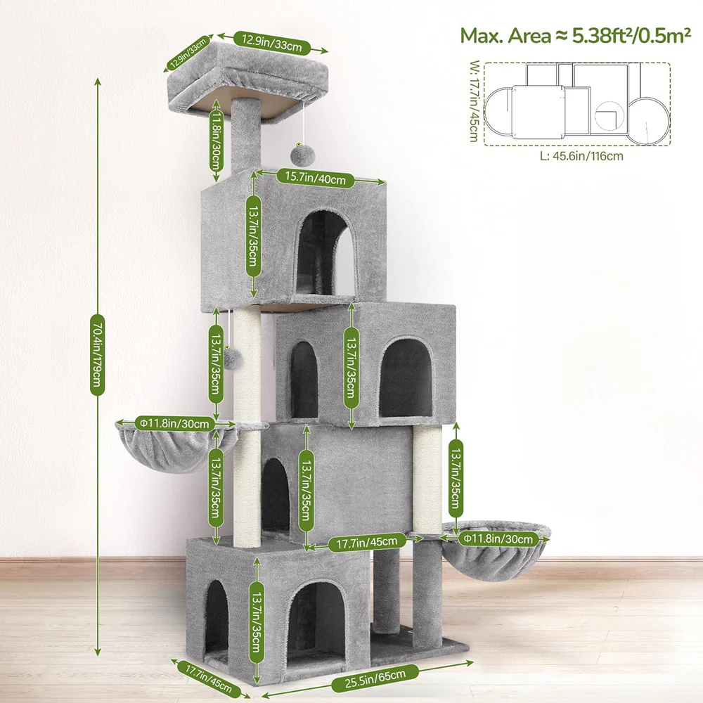 Furrlovers Multilevel Plush Cat Tree with Condo, Hammock & Jute Rope Scratching Posts (Grey) - Image 2