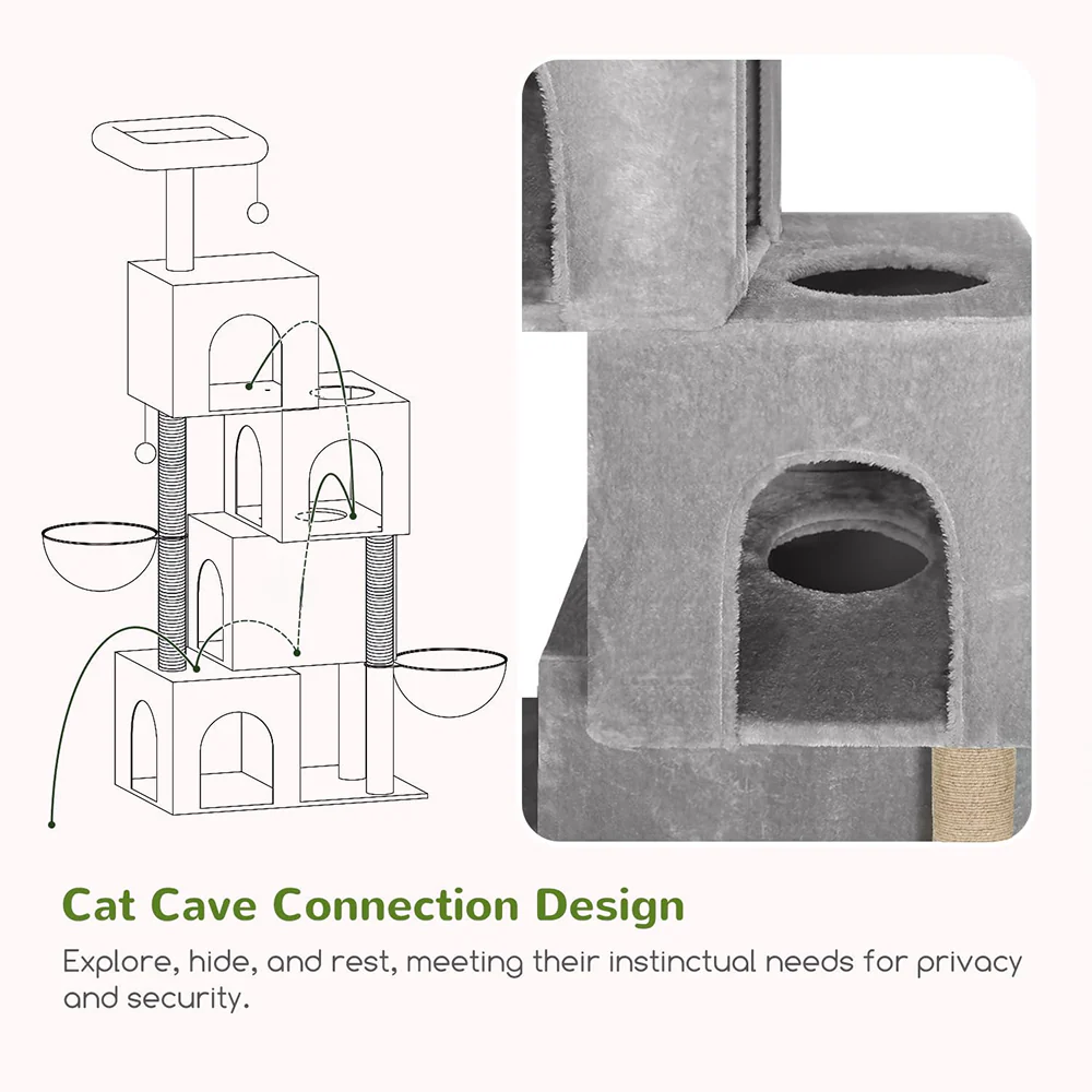 Furrlovers Multilevel Plush Cat Tree with Condo, Hammock & Jute Rope Scratching Posts (Grey) - Image 4