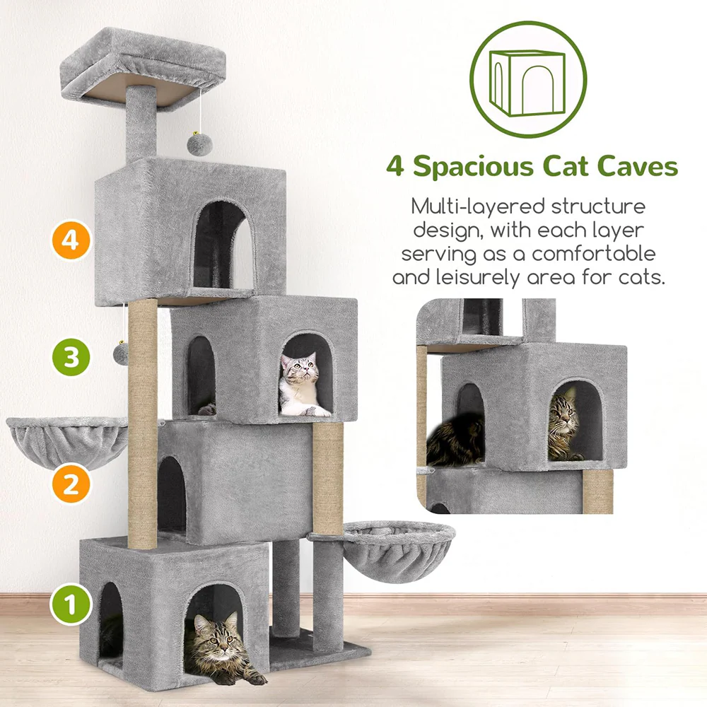 Furrlovers Multilevel Plush Cat Tree with Condo, Hammock & Jute Rope Scratching Posts (Grey) - Image 5