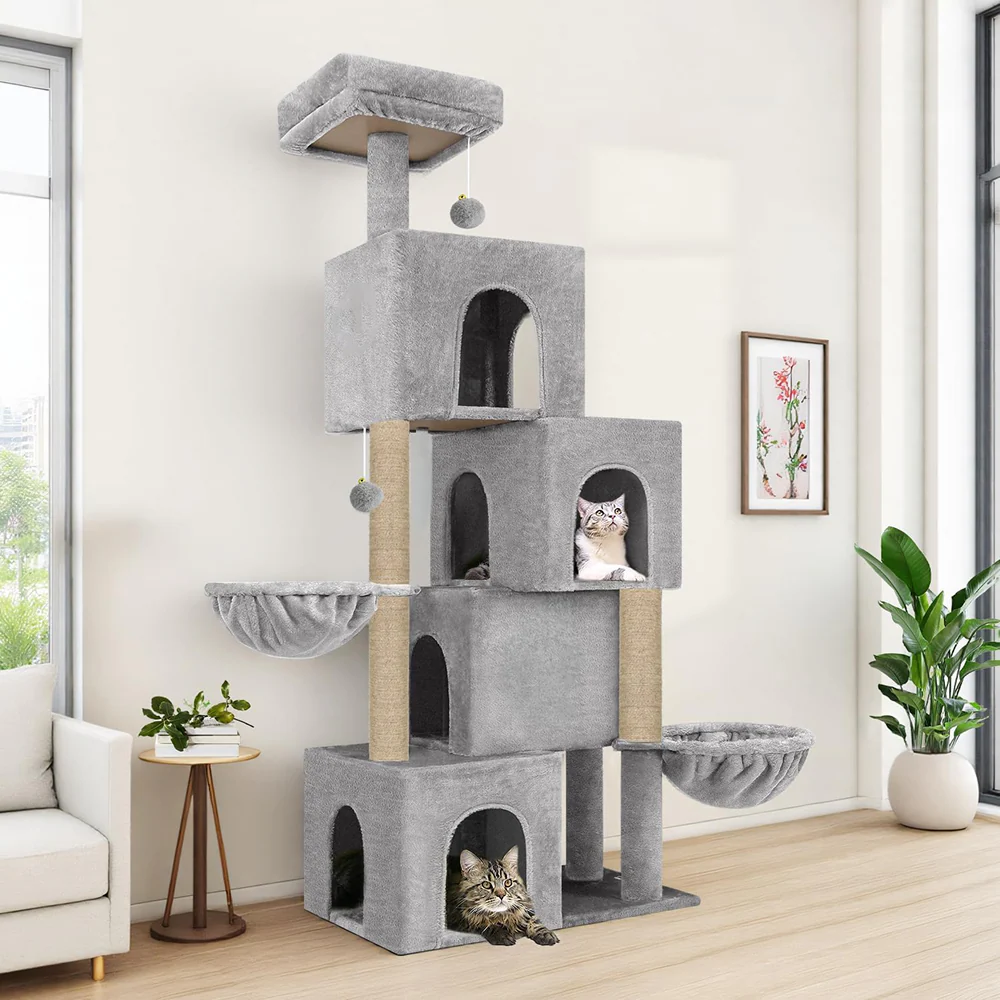 Furrlovers Multilevel Plush Cat Tree with Condo, Hammock & Jute Rope Scratching Posts (Grey) - Image 6
