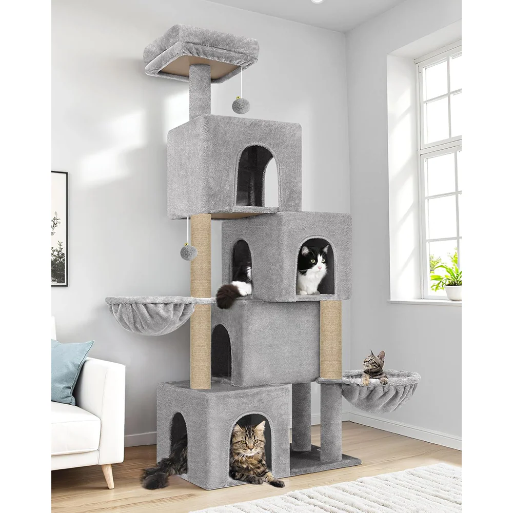Furrlovers Multilevel Plush Cat Tree with Condo, Hammock & Jute Rope Scratching Posts (Grey) - Image 7