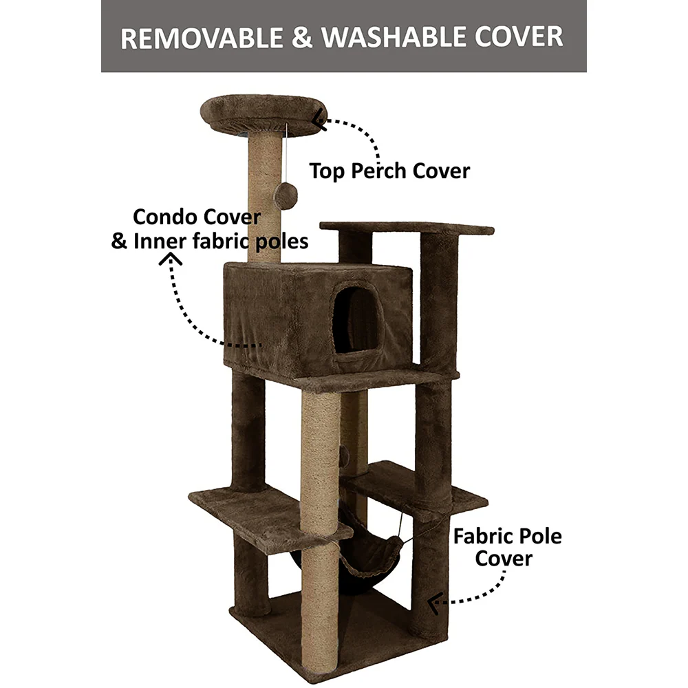 Furrlovers Multilevel Soft Fur Cat Tree with Condo, Hammock & Sisal Scratching Posts (Brown) - Image 2