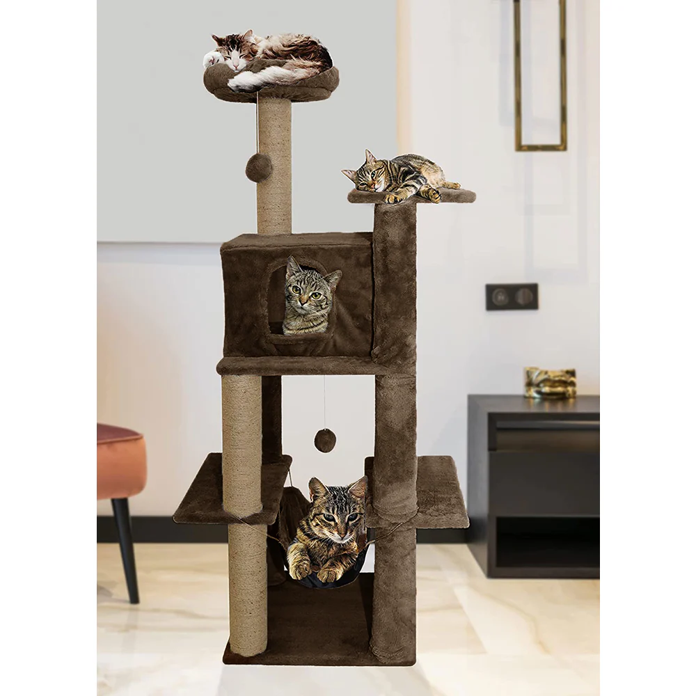 Furrlovers Multilevel Soft Fur Cat Tree with Condo, Hammock & Sisal Scratching Posts (Brown) - Image 5