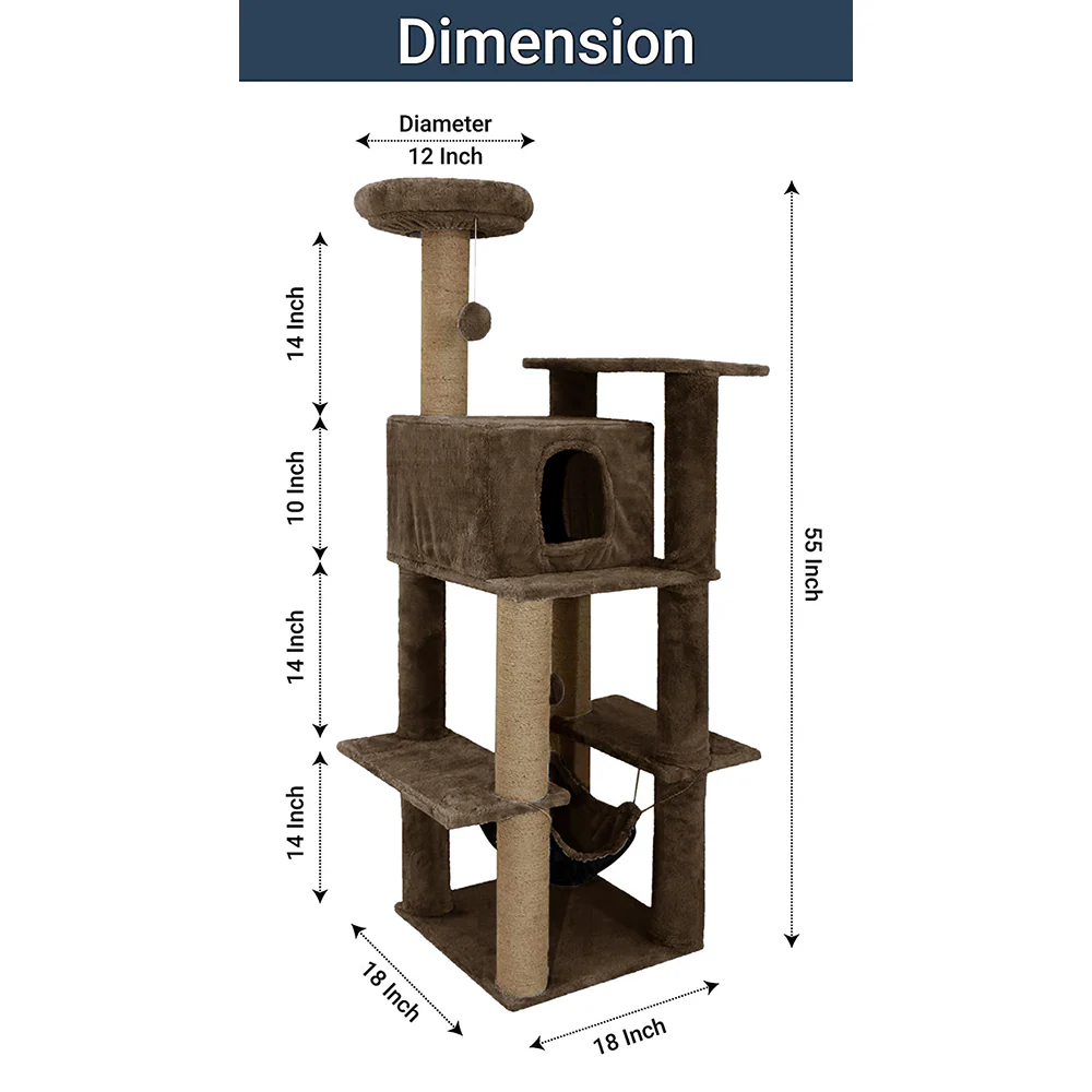 Furrlovers Multilevel Soft Fur Cat Tree with Condo, Hammock & Sisal Scratching Posts (Brown) - Image 7