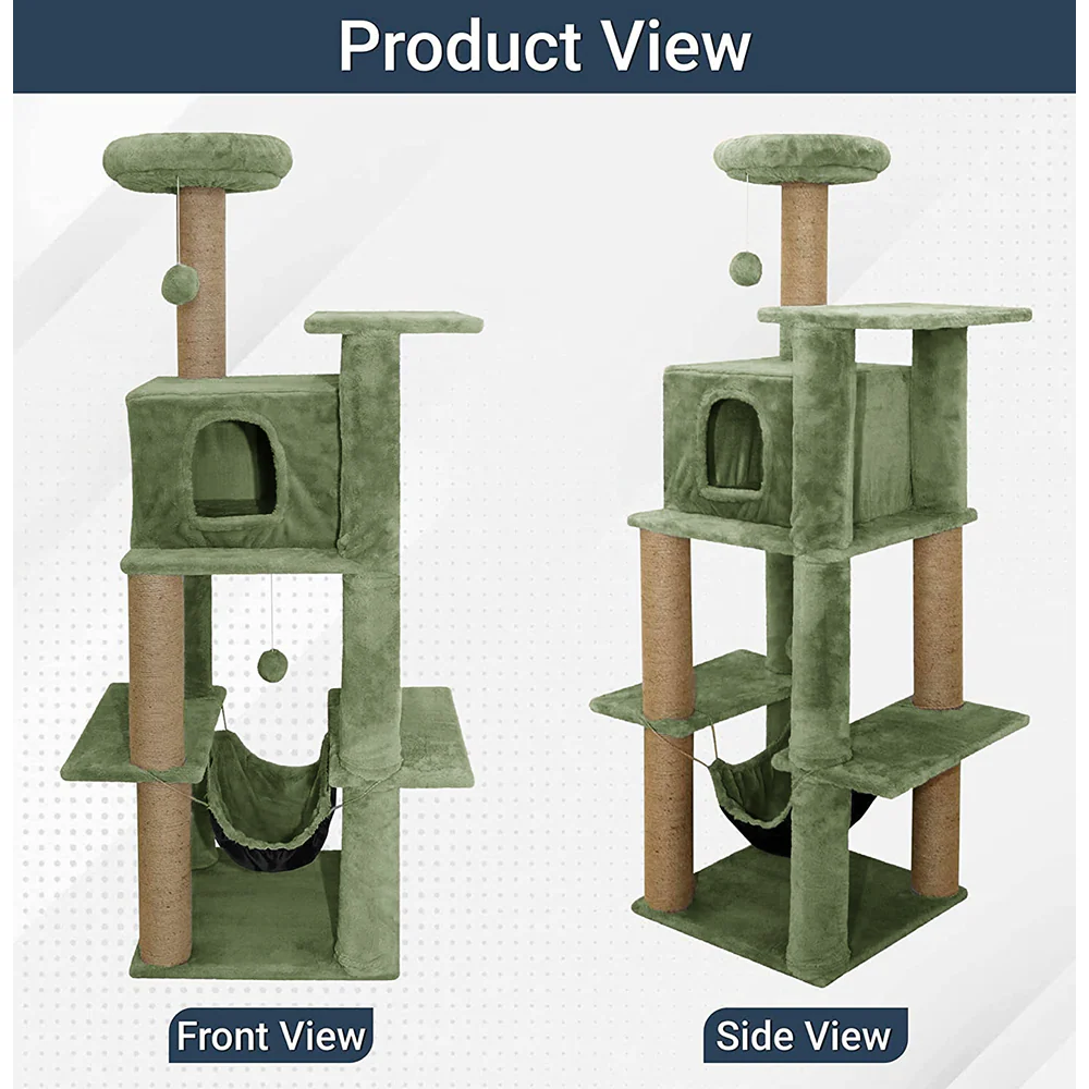 Furrlovers Multilevel Soft Fur Cat Tree with Condo, Hammock & Sisal Scratching Posts (Green) - Image 4