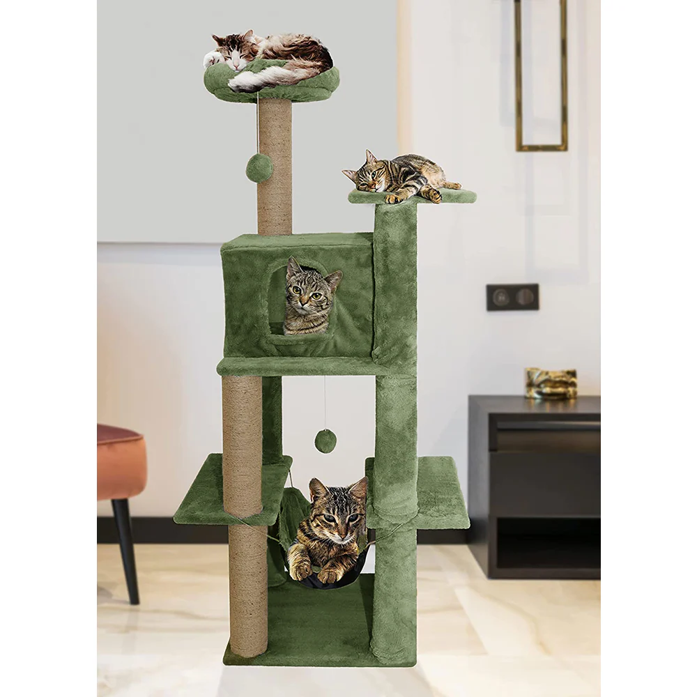 Furrlovers Multilevel Soft Fur Cat Tree with Condo, Hammock & Sisal Scratching Posts (Green) - Image 5
