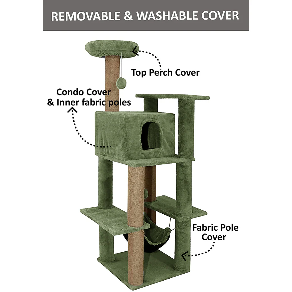 Furrlovers Multilevel Soft Fur Cat Tree with Condo, Hammock & Sisal Scratching Posts (Green) - Image 6