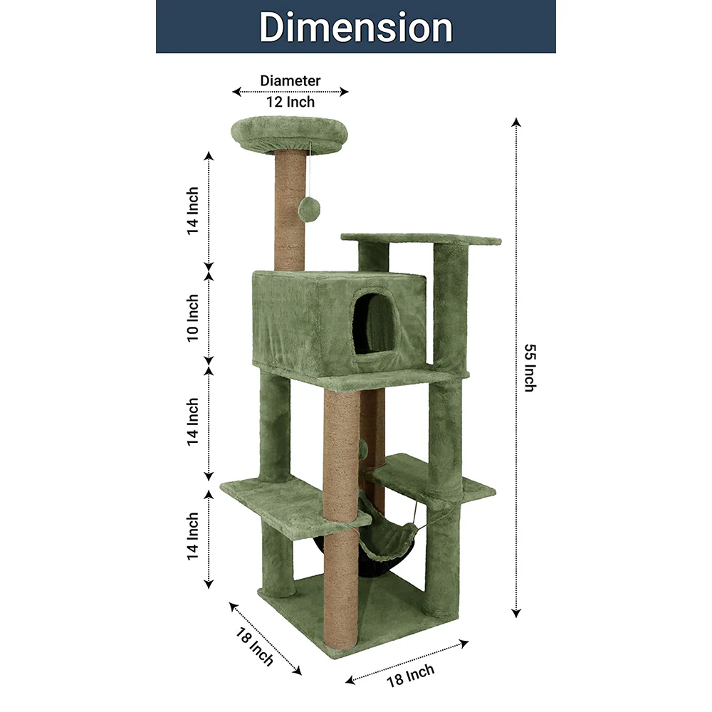 Furrlovers Multilevel Soft Fur Cat Tree with Condo, Hammock & Sisal Scratching Posts (Green) - Image 7