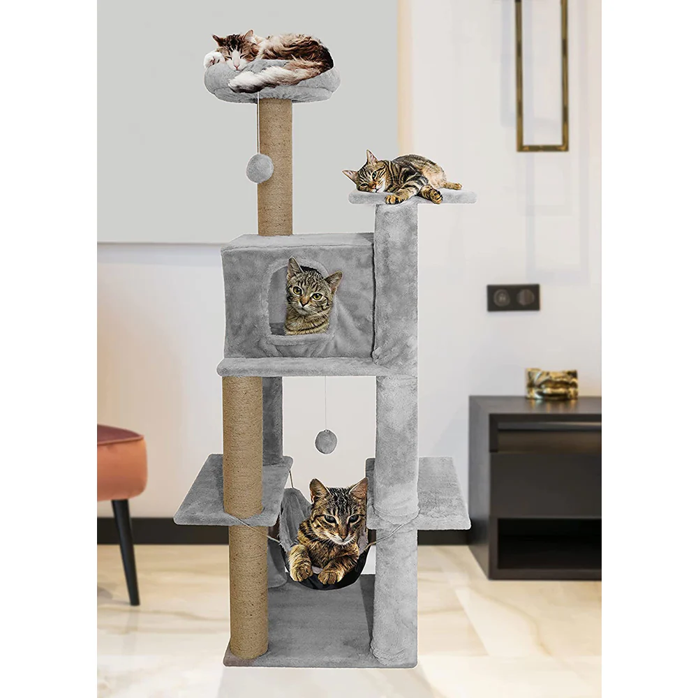 Furrlovers Multilevel Soft Fur Cat Tree with Condo, Hammock & Sisal Scratching Posts (Grey) - Image 3