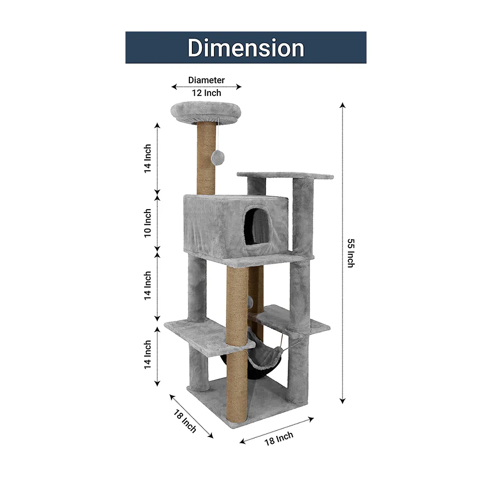Furrlovers Multilevel Soft Fur Cat Tree with Condo, Hammock & Sisal Scratching Posts (Grey) - Image 4