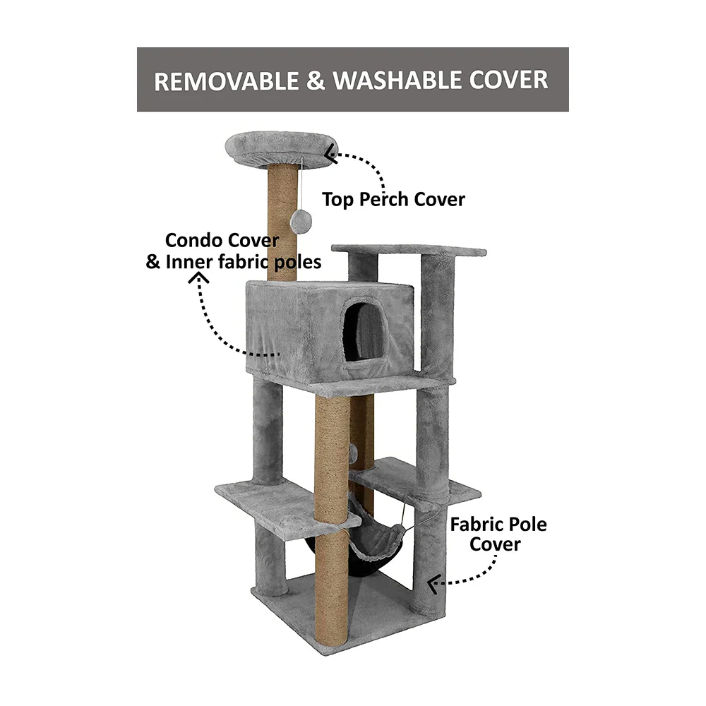 Furrlovers Multilevel Soft Fur Cat Tree with Condo, Hammock & Sisal Scratching Posts (Grey) - Image 5