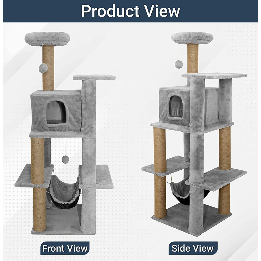 Furrlovers Multilevel Soft Fur Cat Tree with Condo, Hammock & Sisal Scratching Posts (Grey) - Image 6