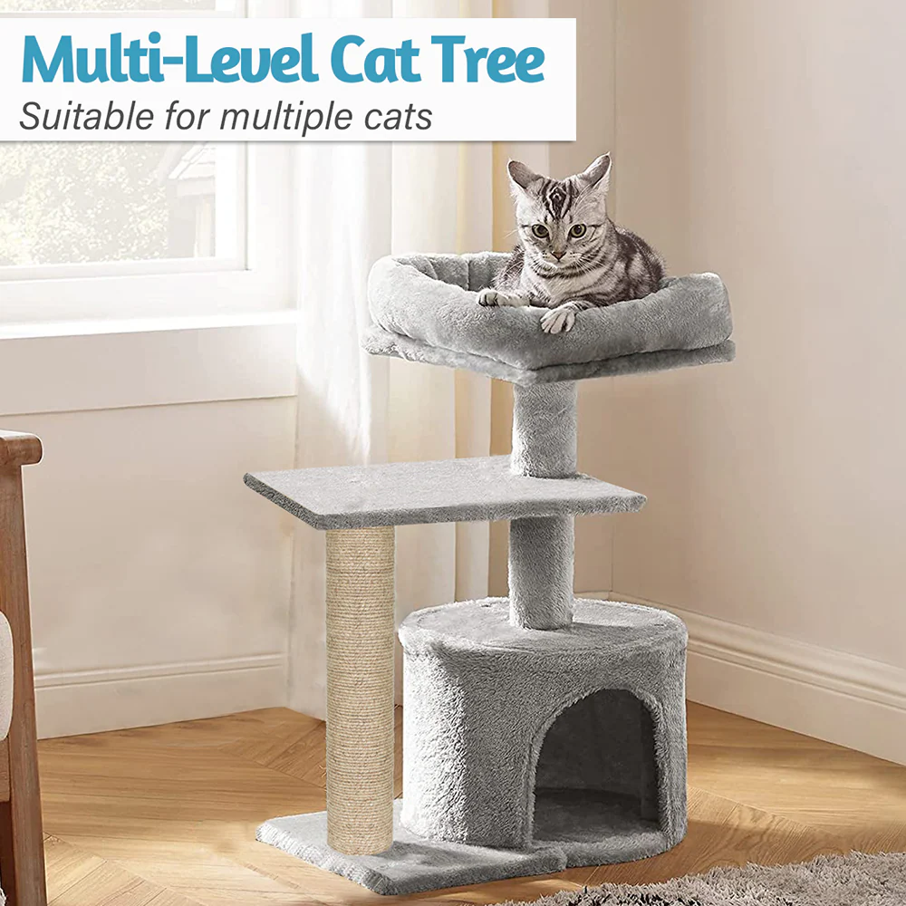 Furrlovers Multilevel Tree with Jute Rope Scratching Post and Fur Fabric Condo for Cats (Grey) - Image 2