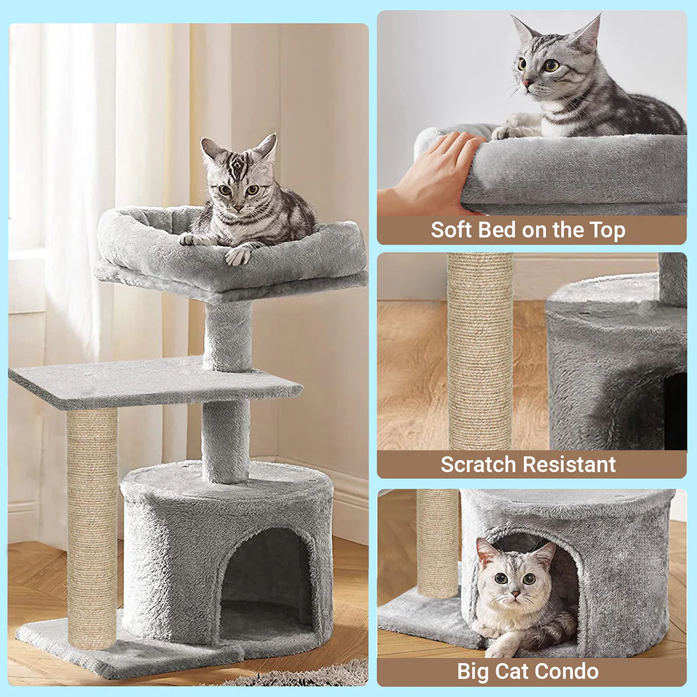 Furrlovers Multilevel Tree with Jute Rope Scratching Post and Fur Fabric Condo for Cats (Grey) - Image 5