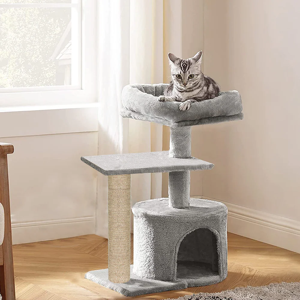 Furrlovers Multilevel Tree with Jute Rope Scratching Post and Fur Fabric Condo for Cats (Grey) - Image 6