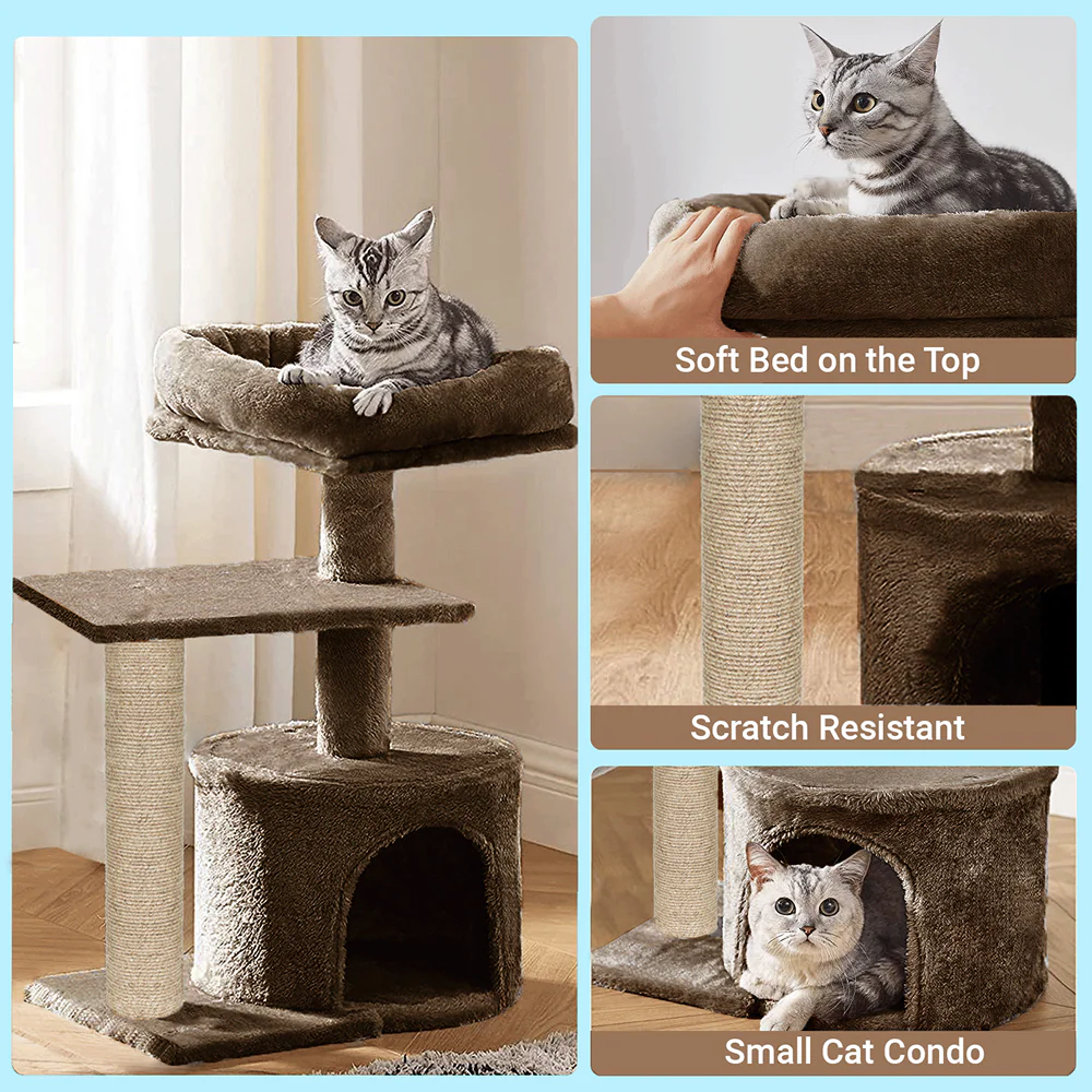 Furrlovers Multilevel Tree with Jute Rope Scratching Post and Fur Fabric Condo for Cats (Brown) - Image 3