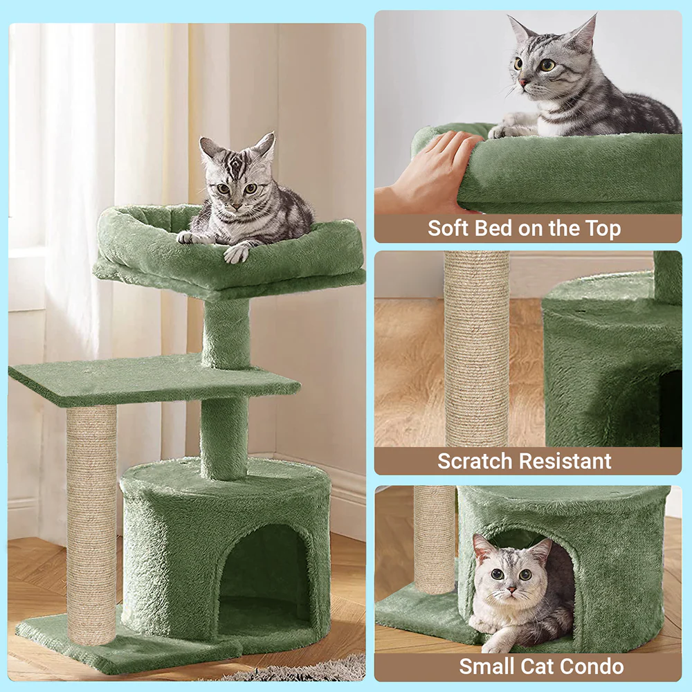 Furrlovers Multilevel Tree with Jute Rope Scratching Post and Fur Fabric Condo for Cats (Green) - Image 2