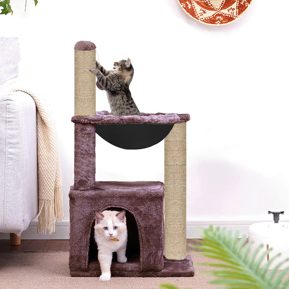 Furrlovers Plush Activity Cat Tree with Condo, Hammock & Jute Rope Scratching Posts for Kittens (Brown) - Image 3