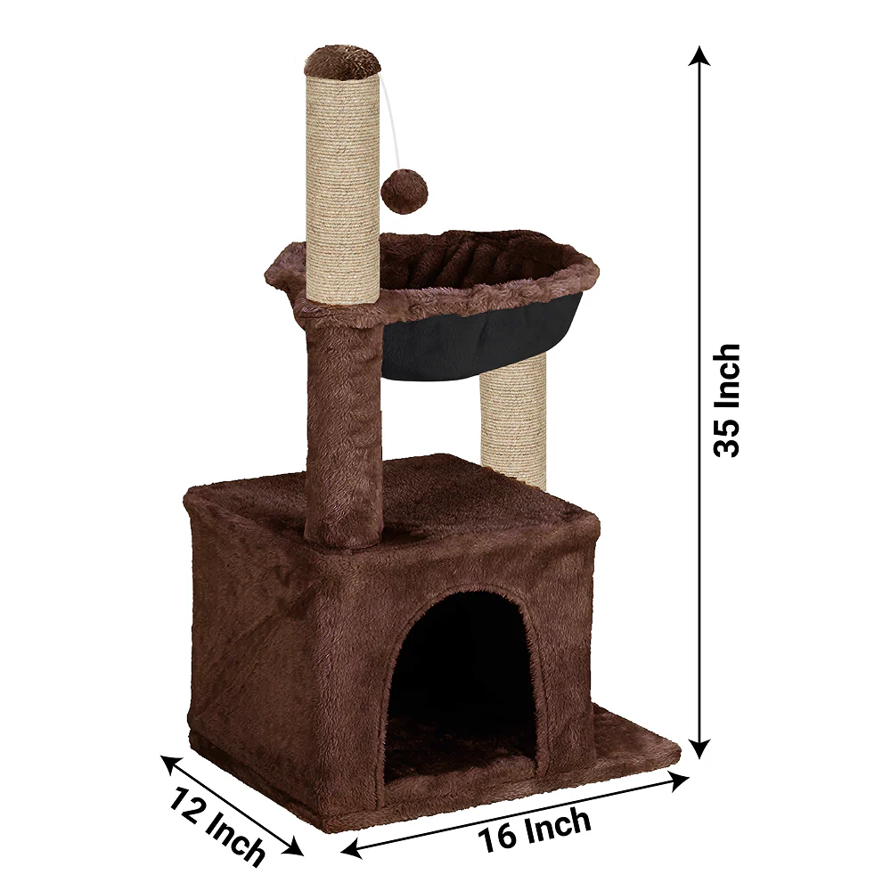Furrlovers Plush Activity Cat Tree with Condo, Hammock & Jute Rope Scratching Posts for Kittens (Brown) - Image 4