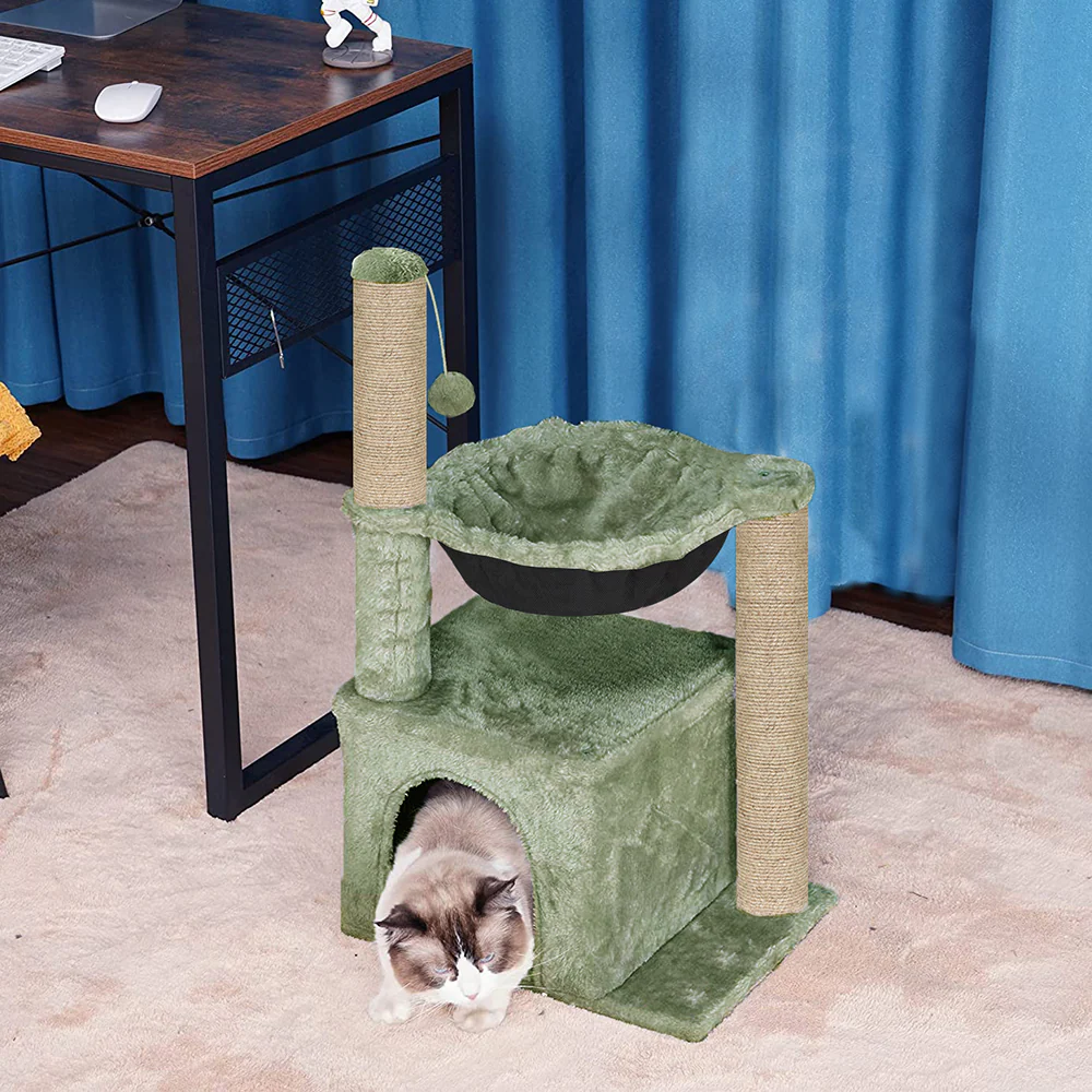 Furrlovers Plush Activity Cat Tree with Condo, Hammock & Jute Rope Scratching Posts for Kittens (Green) - Image 2