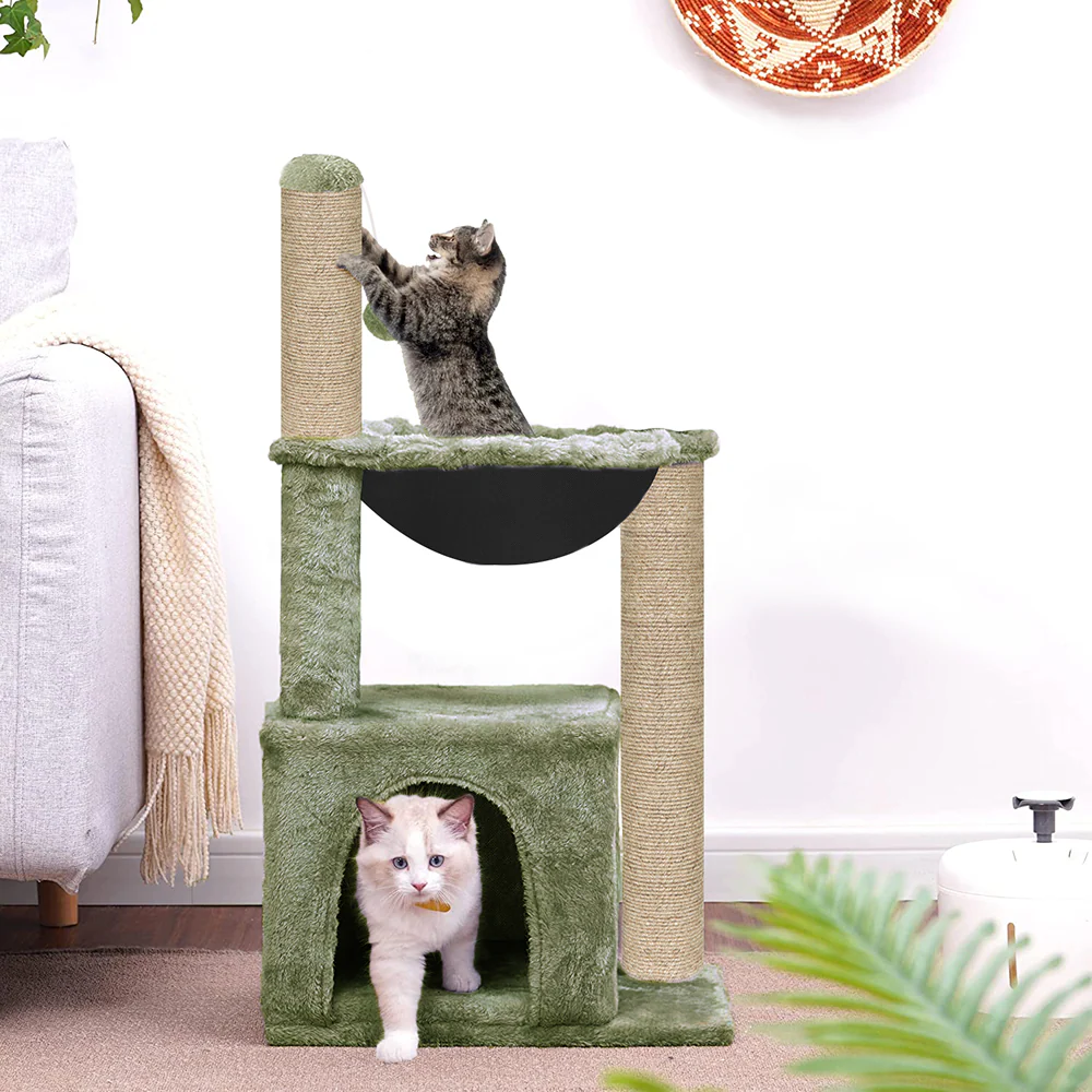 Furrlovers Plush Activity Cat Tree with Condo, Hammock & Jute Rope Scratching Posts for Kittens (Green) - Image 3